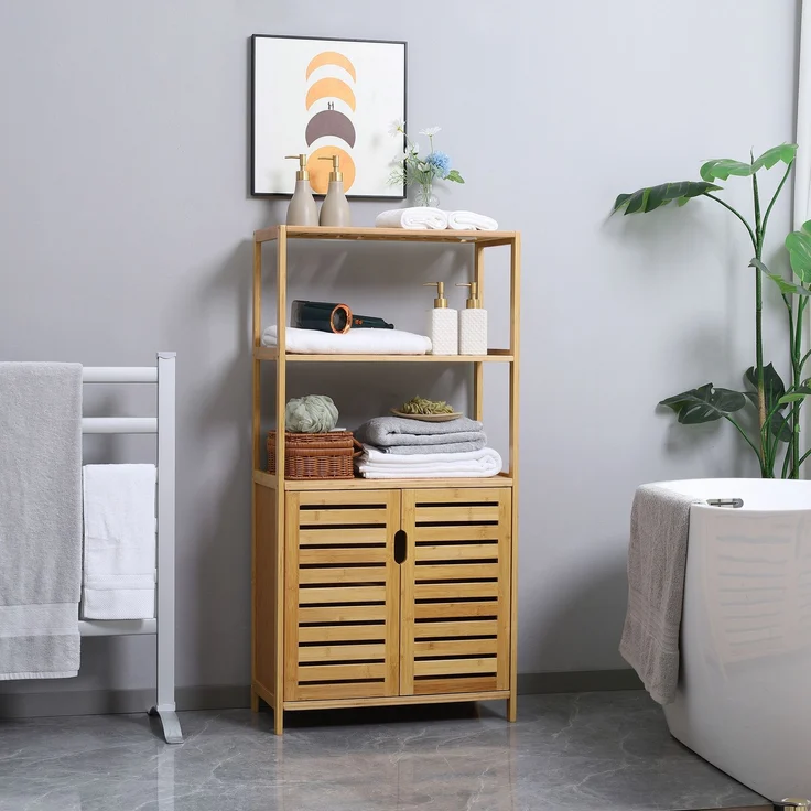 MELAYR, Badezimmerschrank, Badezimmerkommode mit Lamellentüren, Badregal, Bambusholz, Naturholz, 60 x 30 x 120 cm – Bild 3