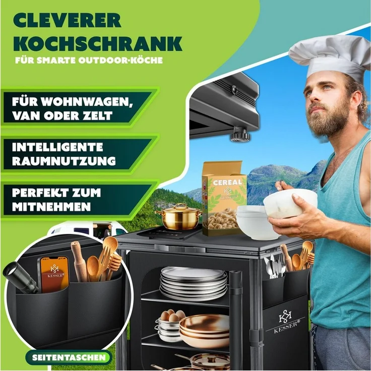 KESSER® Camping Küche faltbar | Outdoor Campingschrank 60/84x80cm | Küchenschrank Aluminiumgestell, 3/6 Fächer inkl 4er Becherset, Seitentaschen & Fliegengitter | Campingküche aus UV-resistentem Stoff Schwarz / Schwarz, 6 Fachböden – Bild 3