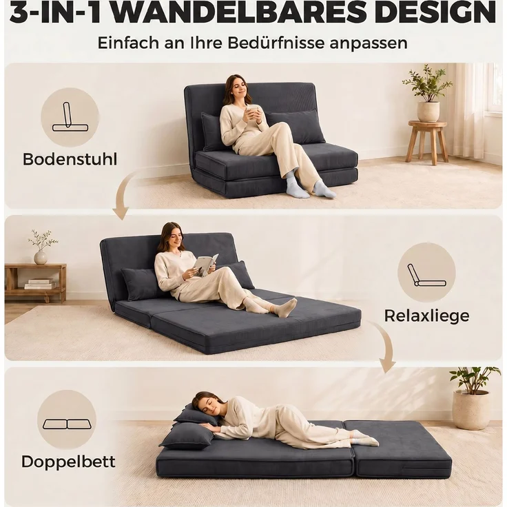 Bodenstuhl mit Rückenlehne, Cord-Klappsofa als Gästebett, verstellbare Rückenlehne, breiterer Sitz, Dunkelgrau--Dunkelgrau--135x88x74cm--YOUDENOVA – Bild 6