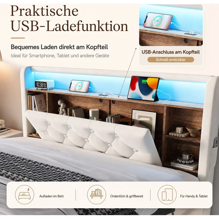 TavilaEcon Boxspringbett Samtbett, Polsterbett mit LED-Beleuchtung & USB-Ladefunktion beige Liegefläche 140 × 200 cm – Bild 5