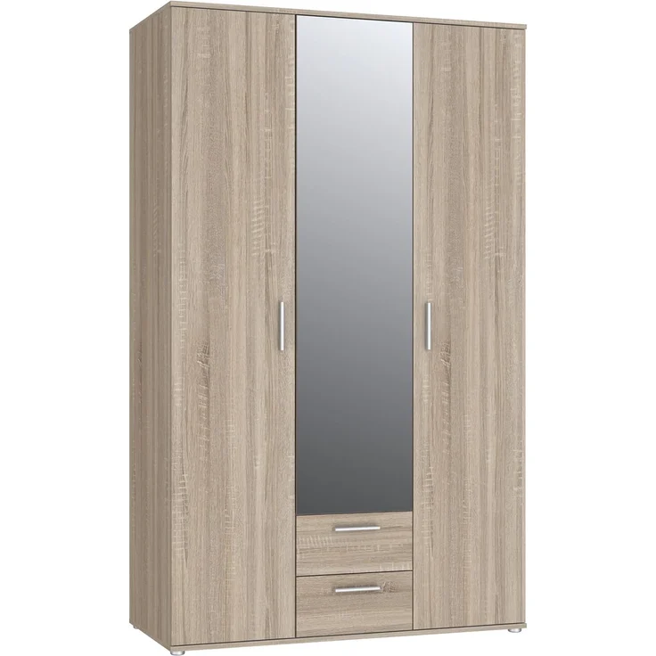 Forte Nano Kleiderschrank 120, Drehtürenschrank mit 2 Schubladen, Einlegeböden und Spiegel, Holzwerkstoff, Sonoma Eiche Dekor, 121 cm breit, 200,1 cm hoch, 54 cm tief – Bild 4