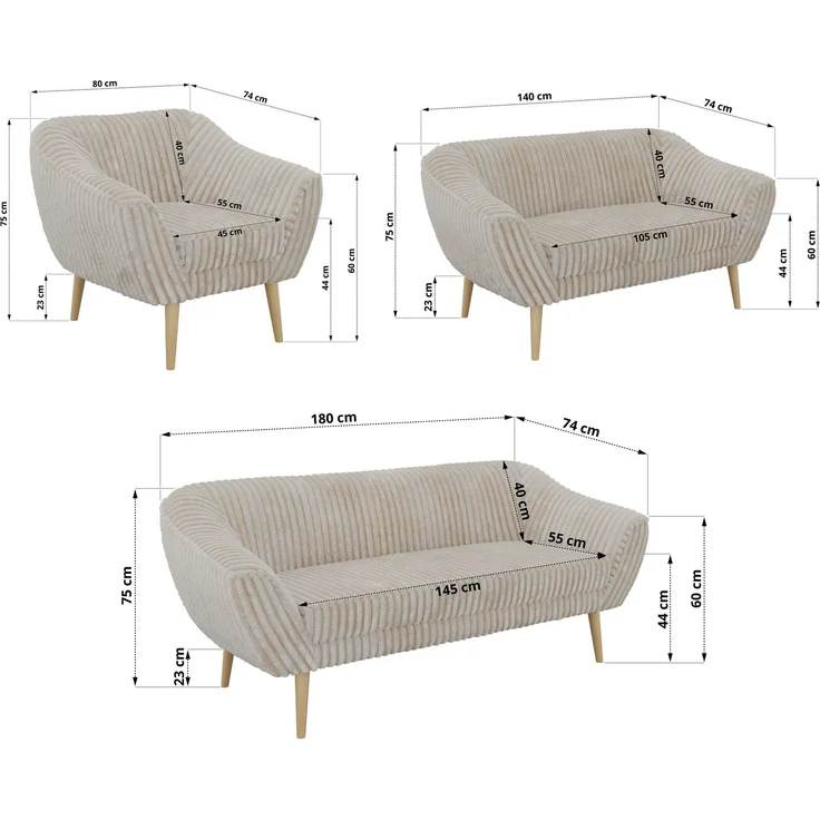 Wohnzimmerset PIRS 1-2-3, Skandinavisches Komplettset, Wellenfederung, Buche Füße, Sitzgruppe, Möbelset - Beige Cord – Bild 5