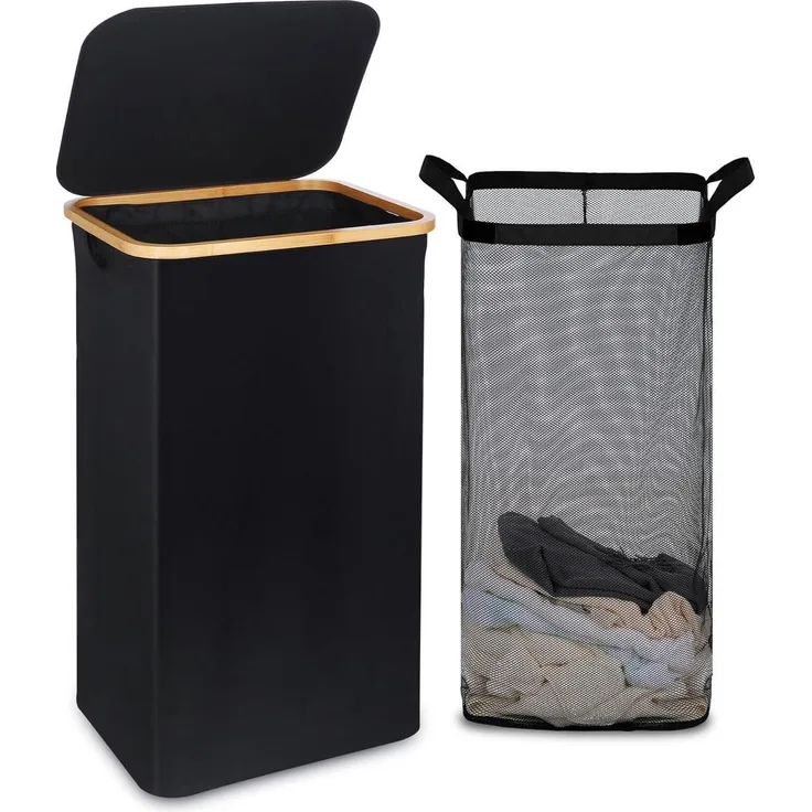efluky Wäschekorb 100L Bambus Deckel faltbar XXL black Laundry Basket