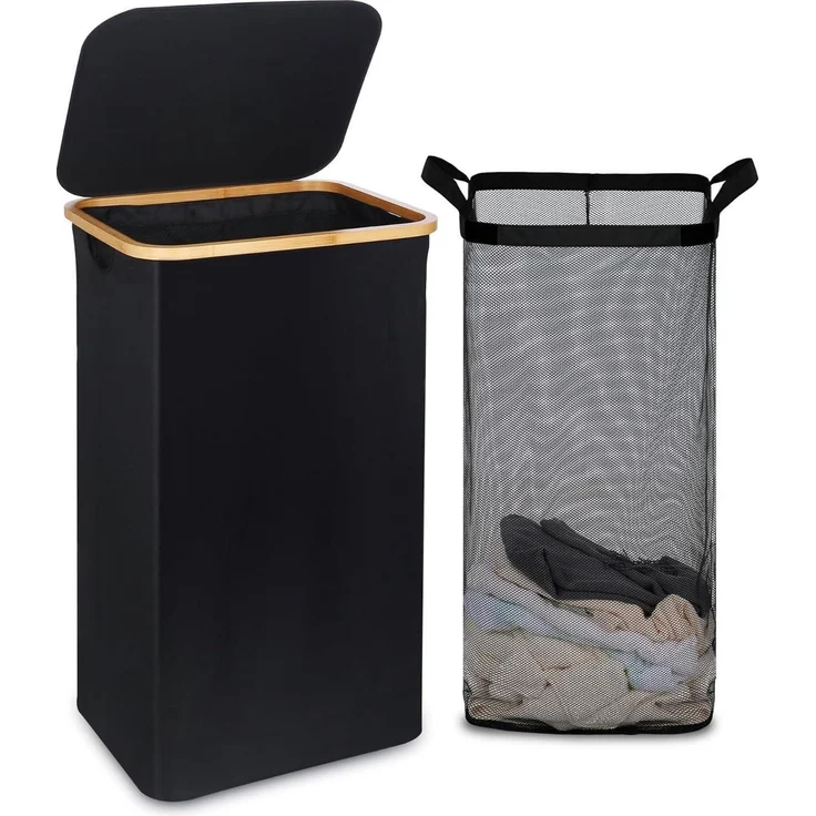 efluky Wäschekorb 100L Bambus Deckel faltbar XXL black Laundry Basket – Bild 1