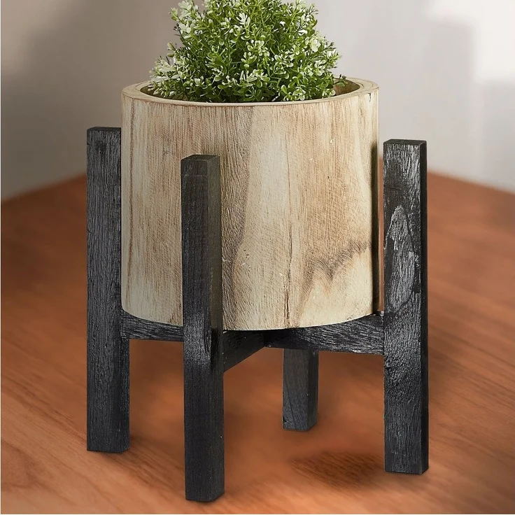 CEPEWA Blumentopf Blumentopf mit Ständer Holz natur schwarz 37x39cm Topf auf Füßen – Bild 2