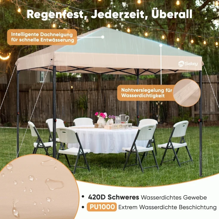 Sekey One-Touch Pop Up Pavillon 3x3 Wasserdicht Stabil Winterfest, Faltpavillon 3x3 m mit Verdickten Röhren, Partyzelt Pavillion Klappbar für Camping Festival Party, Kahki – Bild 5