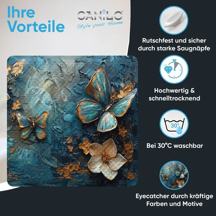 Sanilo Duschmatte, mit Motiv, rutschfest, waschbar, quadratisch, 230 extra starke Saugnäpfe, Kunststoff PVC, 53 x 53 cm, Mariposa – Bild 2