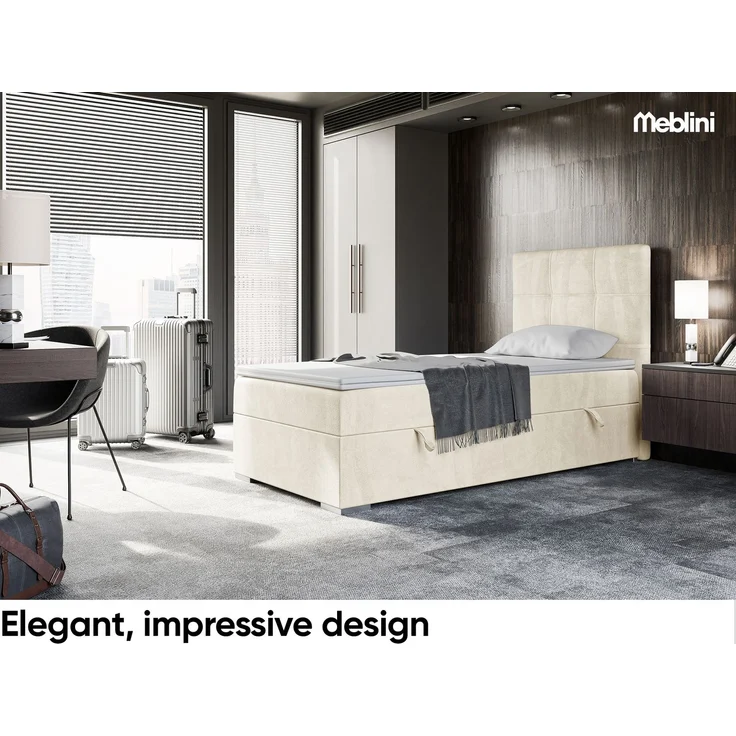 MEBLINI Boxspringbett KAI 90x200cm Rechts - H3/Creme Samt - mit Bettkasten - Gepolstert Einzelbett mit Topper & Taschenfederkern-Matratze – Bild 2