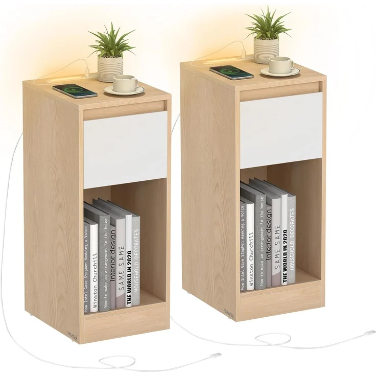 VASAGLE Nachttisch 2er Set, schmal, Beistelltisch, LED-Beleuchtung, 1 USB-A-Anschluss, 1 USB-C-Anschluss, Schublade, offenes Fach, für Schlafzimmer, Wohnzimmer, mandelgelb-wolkenweiß LETDE710Y01 – Bild 1