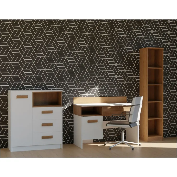 Marmex Möbel Grant Set-L Jugendzimmer-Set 3-teilig mit Bücherregal, Kommode mit Schubladen, Schreibtisch, Kinderzimmermöbel mit Schreibtisch, laminierte Spanplatte, Kleiderstange, weiß+riviera Eiche, 224x195x55 cm