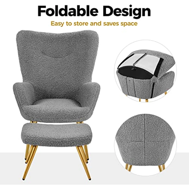 Yaheetech Ohrensessel mit Hocker Polyester-Bezug, Fernsehsessel Armlehnensessel Polstersessel Relaxsessel Cocktailsessel Teddy-Plüsch Stilvolles Design Grau – Bild 7