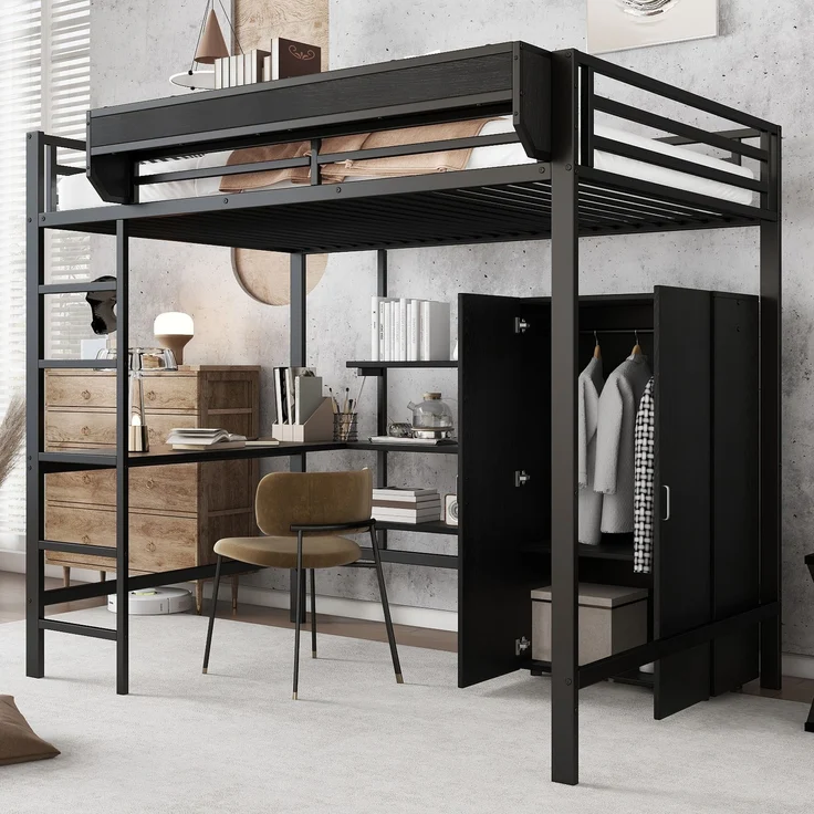 Merax Hochbett, 140x200cm Kinderbett, Doppelstöckiger Stauraum unter dem Schreibtisch, Oberes Bett mit Stauraum, Mit Kleiderschrank, Schwarz – Bild 5