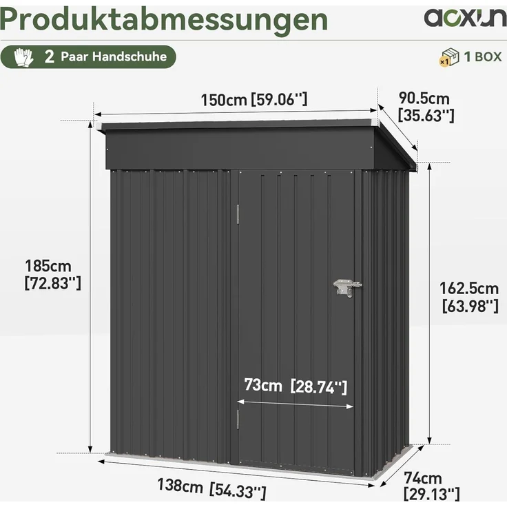 Aoxun Gerätehaus aus Metall, Maße 150x91x185cm, inklusive Bodenrahmen, Pultdach mit Belüftungslöchern, Tür mit Schloss, für Garten und Hof, Schwarz – Bild 7