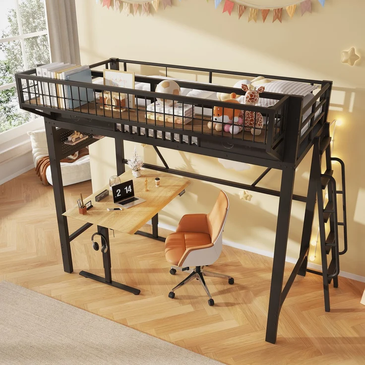 Hochbett, 90 x 200 cm, Metallbettgestell, Staufächer, offene untere Ebene, Ohne Matratze, Schwarz – Bild 2
