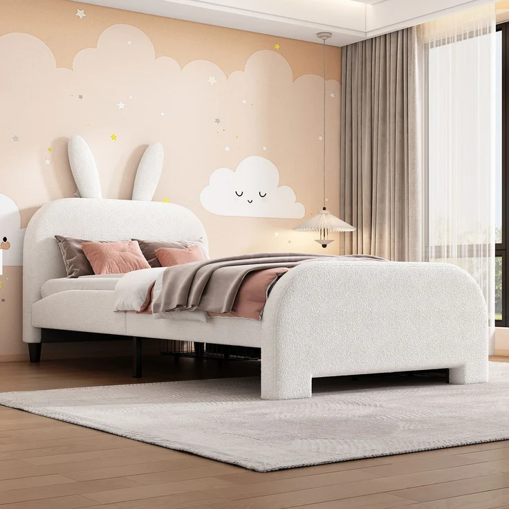 Kinderbett 90x200 Weiß mit Kaninchen-Kopfteil und 2 Schubladen,Gepolstertes Bett aus Lammwolle und MDF, Cartoon Bunny Design – Bild 4