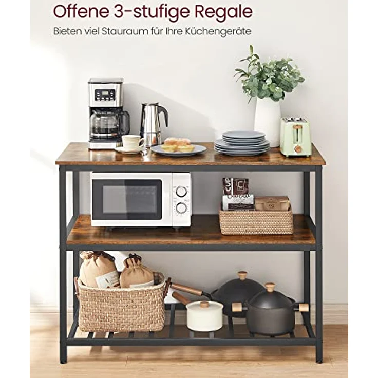 Vasagle Küchenregal mit großer Arbeitsplatte, 3-stufiges Gewürzregal, Stahlrahmen, 60 x 120 x 90 cm, industriell, leichte Montage, Vintagebraun-schwarz – Bild 6