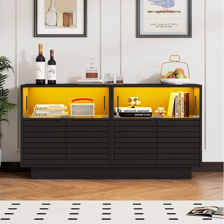 DESVIAE Sideboard mit LED-Beleuchtung und Glasschiebetüren 130x68x35 cm Spanplatte Schwarz – Bild 2