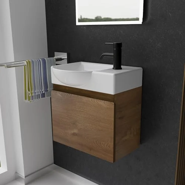 Alpenberger Badmöbel-Set - Gäste WC Waschbecken mit Unterschrank 45 cm Breit, (Badschrank 2-tlg, Waschtisch hängend), Waschbeckenunterschrank mit Softclose - Farbe Eiche - Links Becken – Bild 2