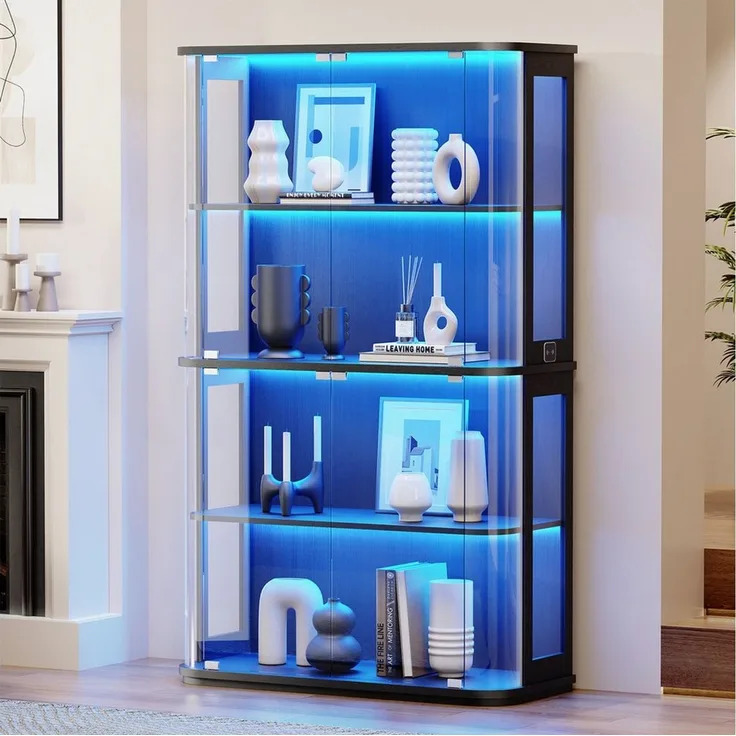 BROTTAR Standvitrine Große, runde Vitrine mit dreifarbiger Beleuchtung & Bewegungssensoren (1-St) mit zwei Acryl-Seitentüren und vier Regalböden