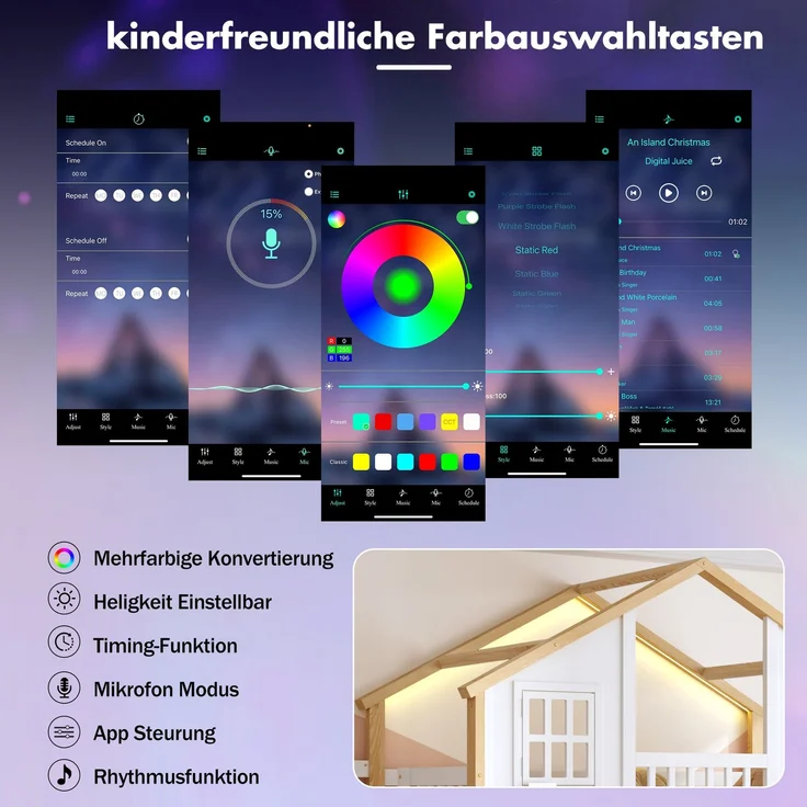 Merax Etagenbett, Kinderbett, 90*200+140*200cm, Holzbett, Hausbett, mit hydraulischem Unterbett, Hochbett mit LED und Stauraumtreppe, weiß+Naturfarbe – Bild 6