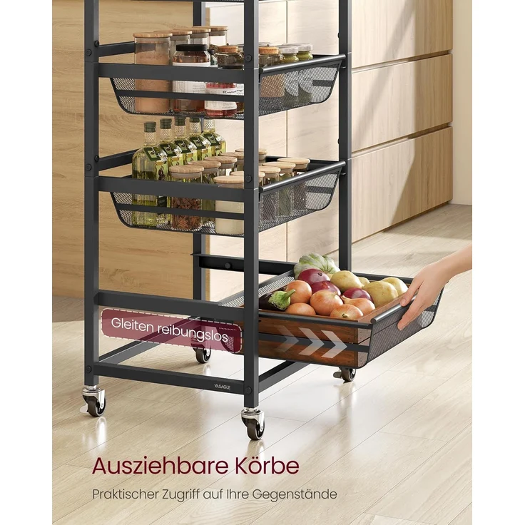 VASAGLE Servierwagen mit 5 Ebenen, Rollwagen mit herausziehbaren Körben, auf Rollen, 31,7 x 40 x 95 cm, vintagebraun-tintenschwarz – Bild 4