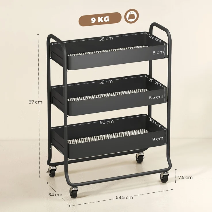 MELAYR, Küchenwagen, 3 Körbe, 4 Rollen, Metall, Schwarz, 64.5 x 34 x 87 cm – Bild 5
