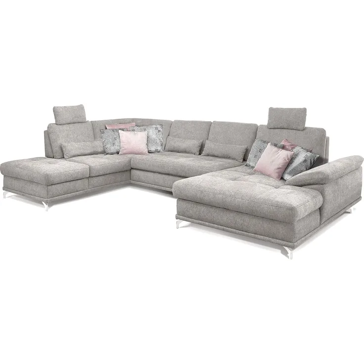 Cavadore Wohnlandschaft Castiel mit Federkern / Großes U-Form-Sofa mit Schlaffunktion, Bettkasten, Sitztiefenverstellung und Kopfstützen / 368 x 114 x 232 / Webstoff, Hellgrau