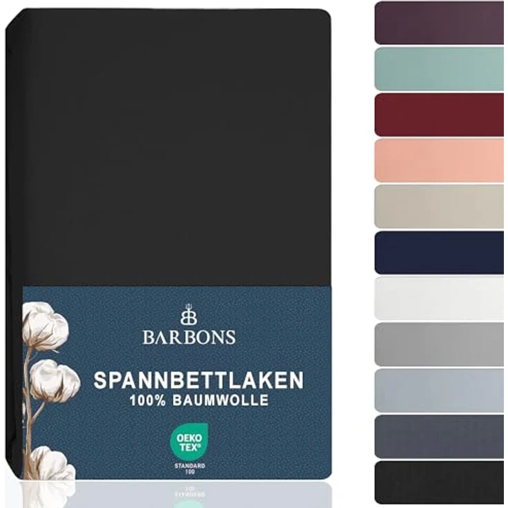 BARBONS Spannbettlaken 90x200 cm - 100% Baumwolle Spannbetttuch Oeko-TEX Zertifiziert Bettlaken Jersey Bettwaren und Bettbezug für Boxspringbett und Dicke Matratzen bis 27 cm - Schwarz 90x200 – Bild 2