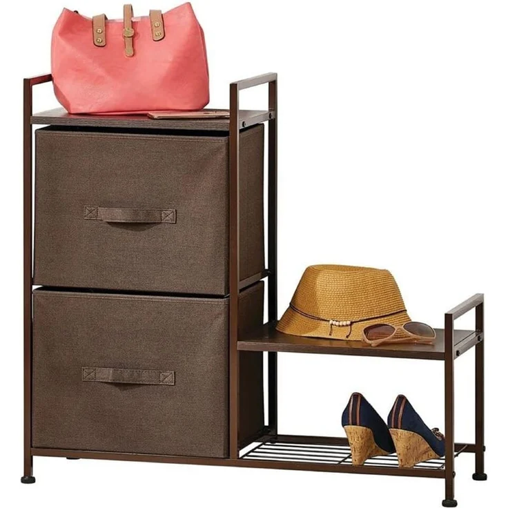 Regalsystem Schrank Holzablage mit 2 Stoffschubladen mDesign Metallrahmen braun – Bild 5