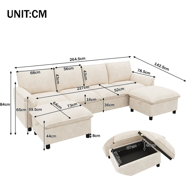 ZUBALIYA Modulare Wohnlandschaft, mit Stauraum, modular kombinierbar, mit Hocker, H 84 × T 142.5 × B 264.5 cm, Beige, Chenille – Bild 2