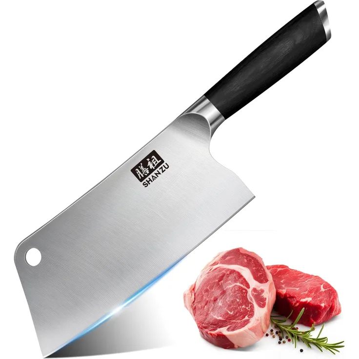 SHAN ZU Küchenmesser, 18 cm Hackmesser mit Loch, Scharfes Kochmesser Gemüseschneider Japanisches Küchenmesser aus Kohlenstoffreichem Edelstahl mit Pakkaholzgriff