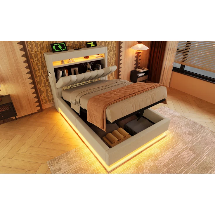 Polsterbett Einzelbett Leinen, mit Smart-LED, 4-fach Ladestation & Hydraulikstauraum, 90x200 cm, Beige, mit Matratze – Bild 2
