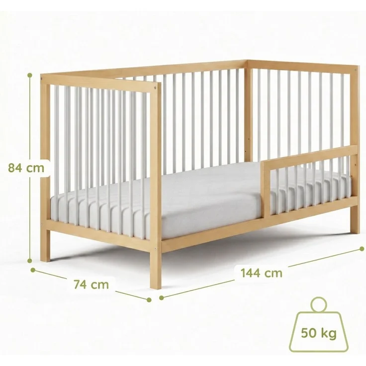 Kids Collective Babybett Kinderbett Gitterbett Baby Bett mit Rausfallschutz 60x120 70x140, stabiles Buchenholz, made in Europe 70x140 cm Natur und Weiß – Bild 3