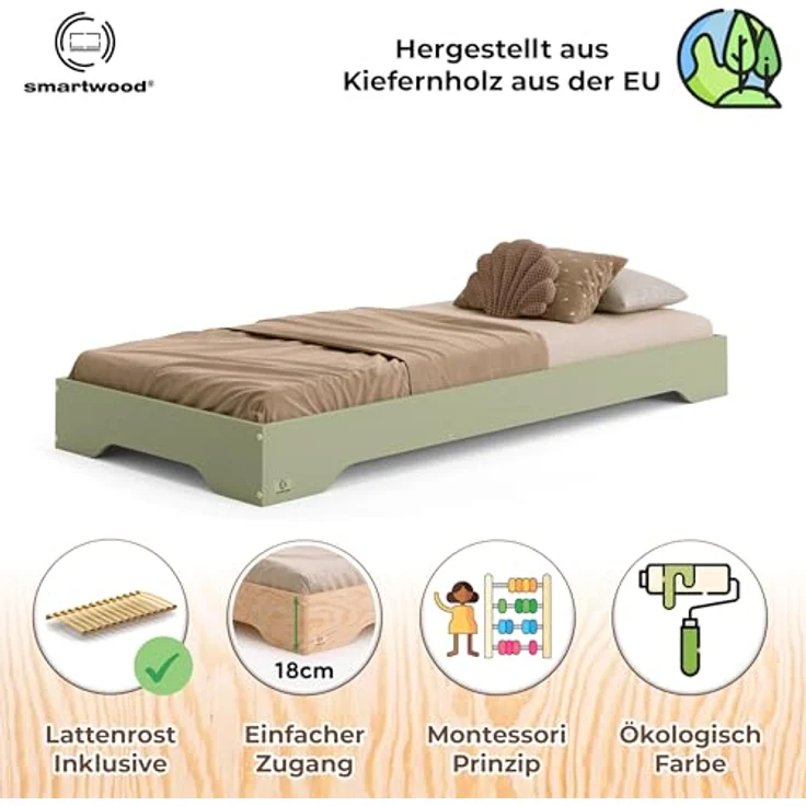 smartwood Kinderbett 100x200 Grün - Bodenbett aus Kiefernholz mit FSC-Zertifikat - Montessori Bett mit gebogenem Lattenrost bis zu 230 kg für Jungen und Mädchen - Einfache Montage - TILA 7 – Bild 3