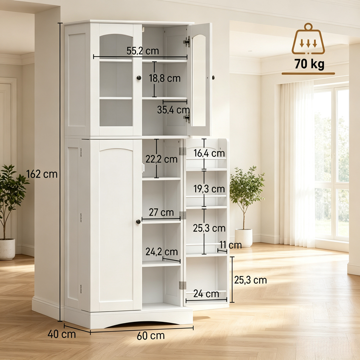 Küchenvitrinenschrank B 60 x T 40 x H 162 cm aus MDF mit verstellbaren Regalen – Bild 3