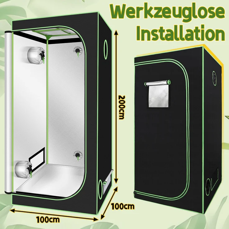 Eikuavons Growbox Indoor Pflanzzelt mit Reißverschluss, Kabelöffnungen und reflektierender Innenfolie 100x100x200cm, Polyestergewebe, schwarz – Bild 2