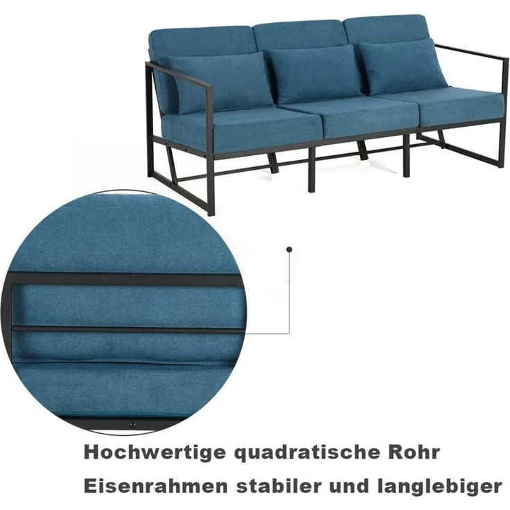 Sofa 3 Sitzer Couch Armlehnen Eisenbeine Wohnzimmer 3 Sitze Blau – Bild 9