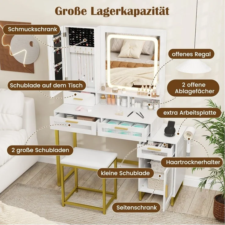 COSTWAY Schminktisch (1-St), mit LED & Ladestation, Hocker, Spiegel, Schubladen – Bild 2