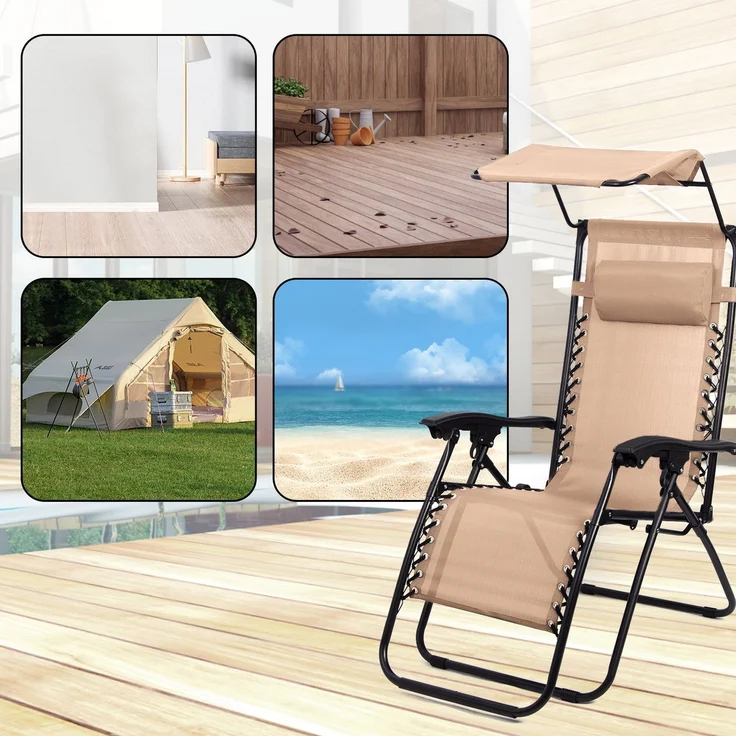 Todeco Liegestuhl klappbar mit Sonnenschutz, Sonnenstuhl mit abziehbare Kissen, Max Belastbarkeit 100kg, Strandliegestuhl leicht, Khaki – Bild 3
