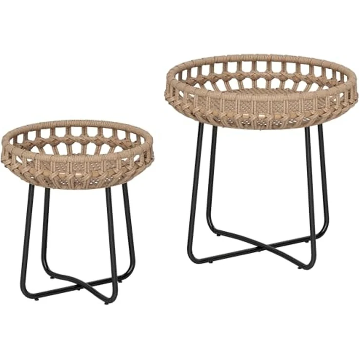 Outsunny Beistelltisch mit X-Beine, verstellbare Fußpads (rund wetterfest Gartentisch, 2-St, 2er Set Balkontisch aus Polyrattan), Ø60,41 cm für Garten, Balkon, Braun – Bild 1