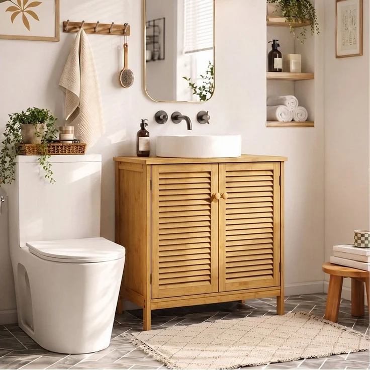 Blishom Waschbeckenschrank Waschbeckenunterschrank mit Lamellentüren und Einlegeboden Badschrank, Badezimmer, Unterschrank, Magnetverschluss – Bild 2