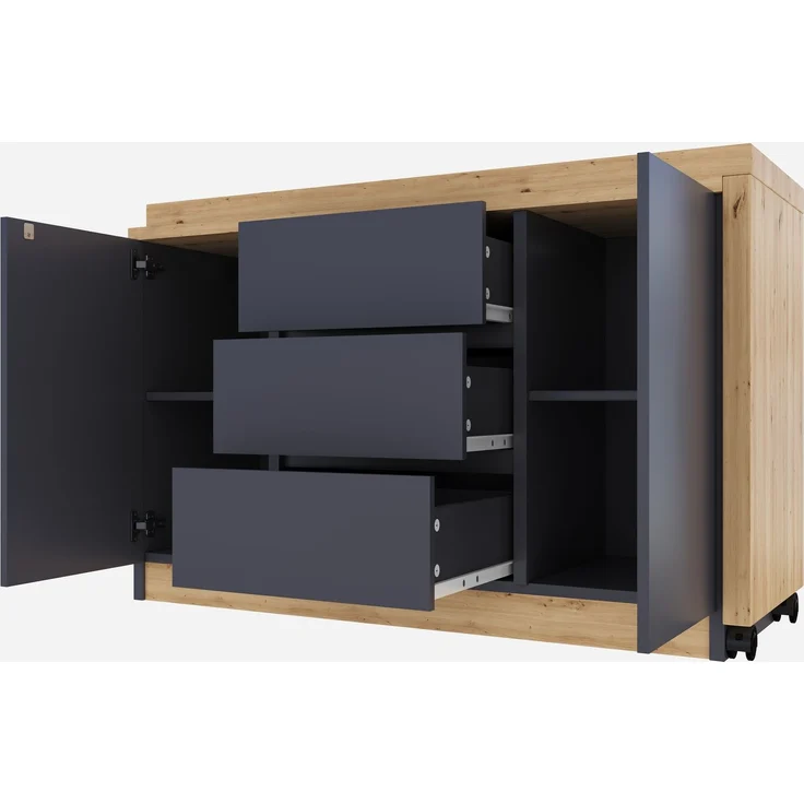 Flieks 360° Schreibtisch mit Sideboard, 120×50×76.5cm, Eckschreibtisch auf Rollen, Computertisch mit 3 Schubladen & 2 Türen, Grau/Eiche – Bild 8