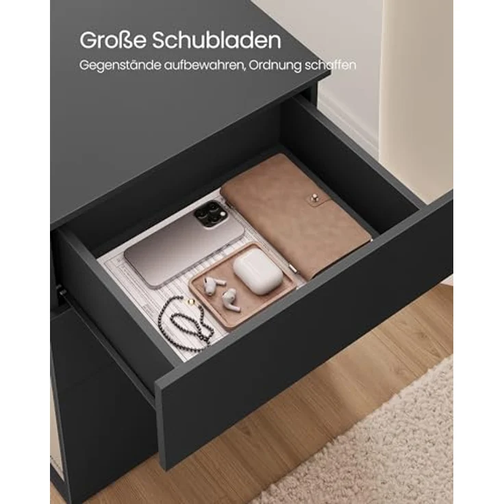 VASAGLE Nachttisch, 2er Set, Beistelltisch 3 Schubladen, Superschnelle werkzeuglose Montage, Nachtschrank, Schlafzimmer, Wohnzimmer, Toolless-Technologie, tintenschwarz-cappuccinobeige LET779B01 – Bild 8