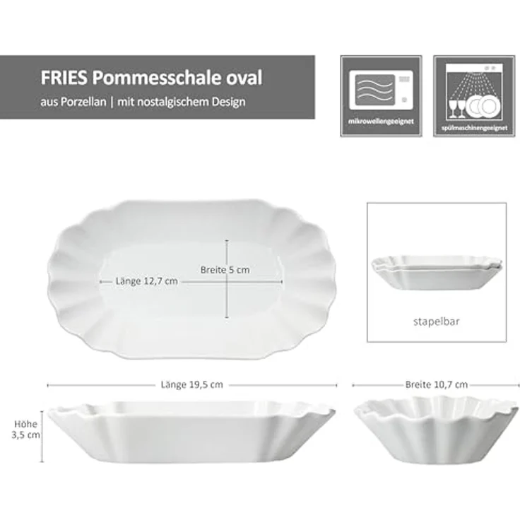 MamboCat Servierschale 2x Fries Pommesschale oval weiß Currywurst-Schale Porzellan, Porzellan – Bild 6