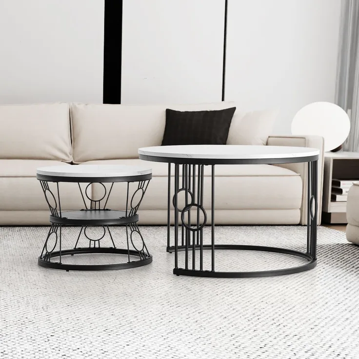 2er-Set Couchtisch aus MDF mit lötstellenfreiem Metallrahmen & Safety-Design, 70x70x45 cm + 45x45x37 cm