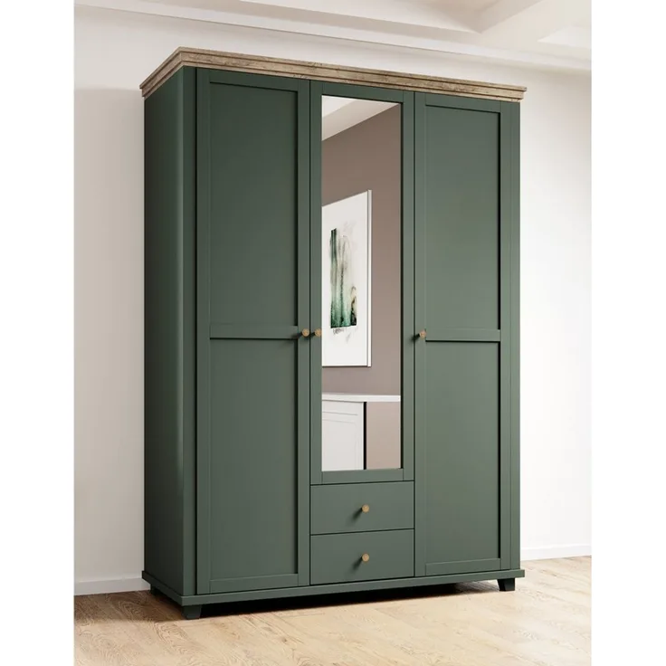 Kleiderschrank mit Spiegel Landhausstil EPSOM-83 in grün mit Lefkas Eiche Nb. 3 türig, B/H/T: ca. 154/216/62 cm