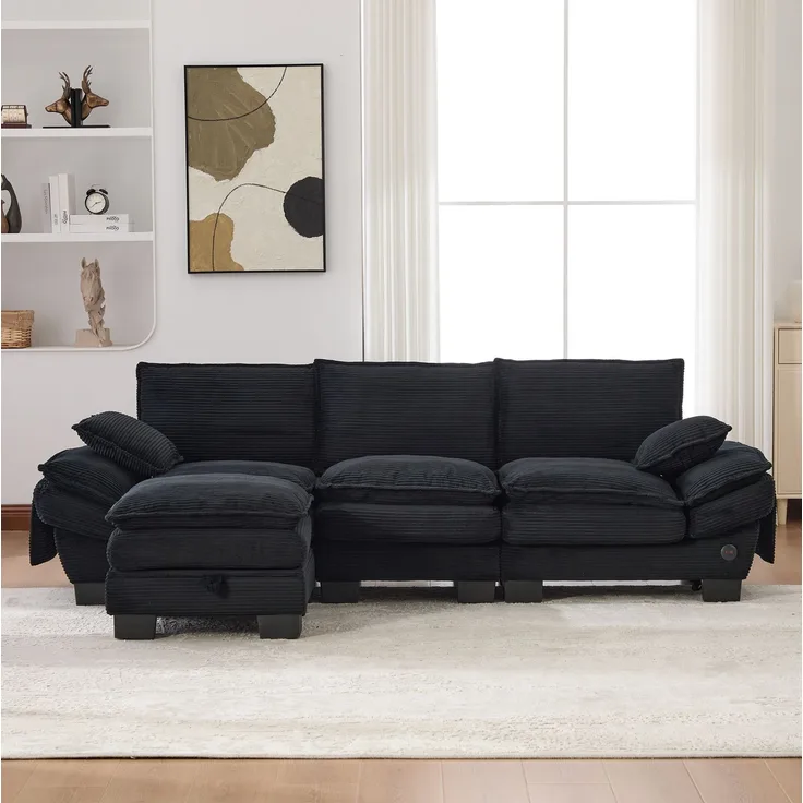 DESVIAE Sofa 3-Sitzer mit Hocker, 260x84x132 cm, Corduroy, Schwarz, mit USB-C-Anschluss und Stauraum