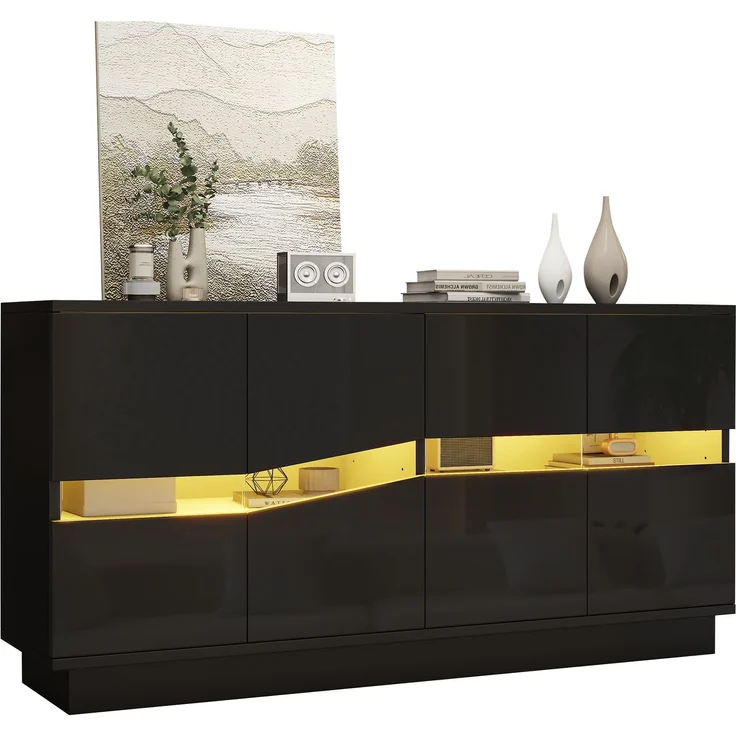 ZUBALIYA Sideboard 140x35x70 cm, mit LED-Beleuchtung, Hochglanz, mit 4 Türen, aus Spanplatte, Schwarz – Bild 16