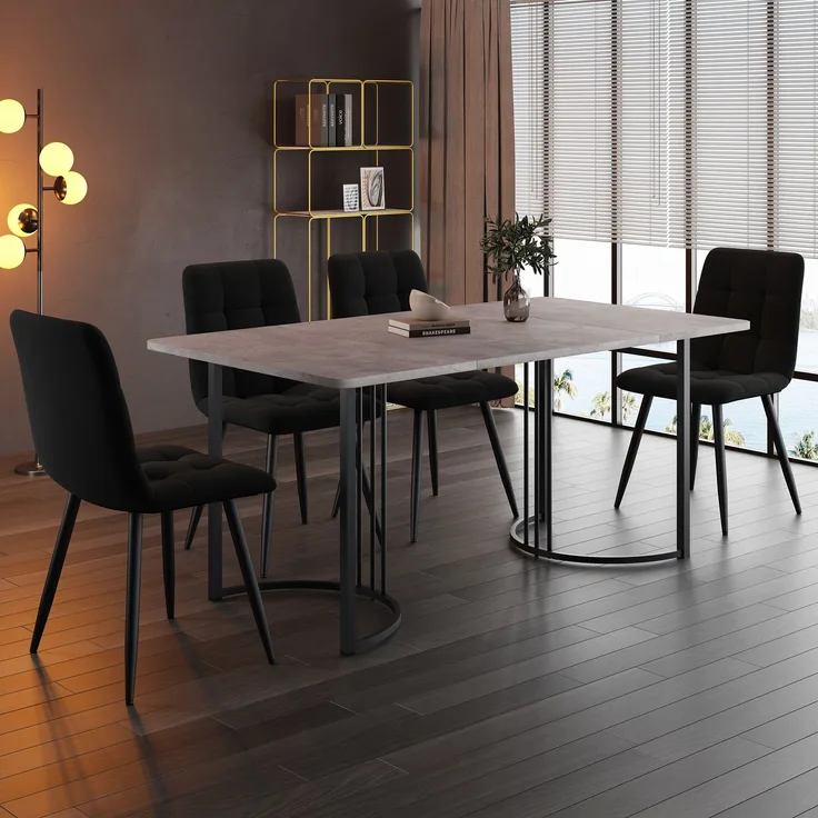 Essgruppe 5-tlg, Esstisch 140x80x75 cm Grau Marmor & 4 schwarze Samtstühle