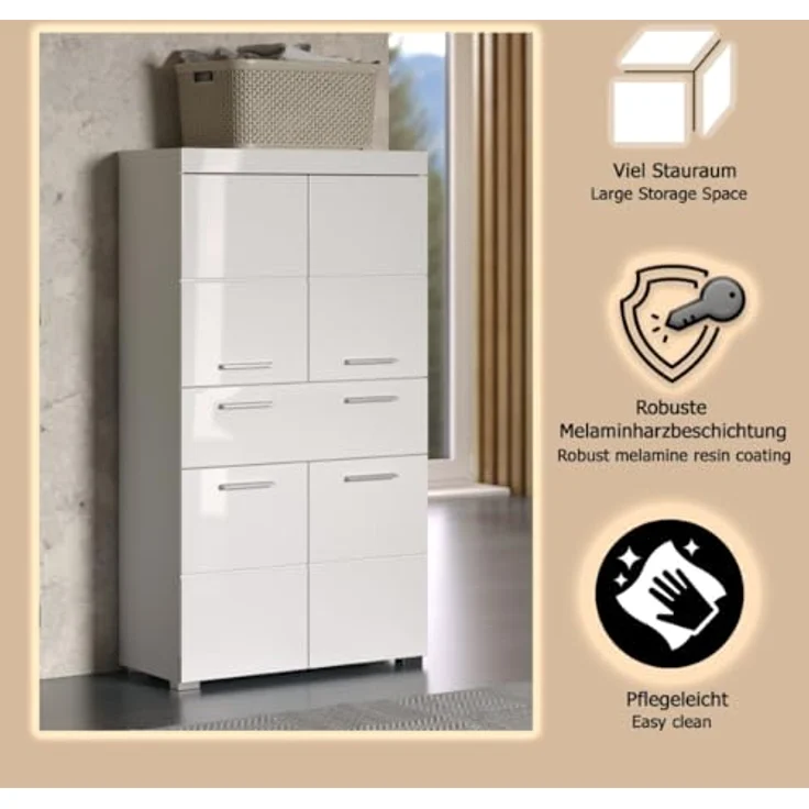 Trendteam 'Amanda' Midischrank, Holz, 132 x 31 x 73 cm, Weiß / Weiß Hochglanz – Bild 7